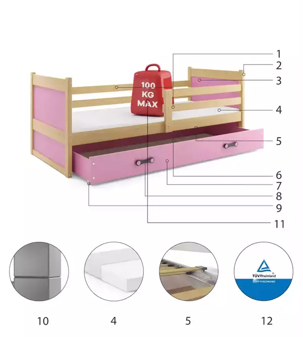 Beståndsdelar för Enkelsäng för ungdom RICO 90X200 med låda, furu/rosa