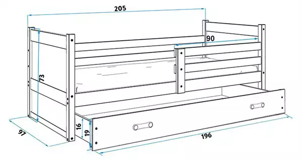 Storlek på Enkelsäng för ungdom RICO 90X200 med låda, furu/rosa