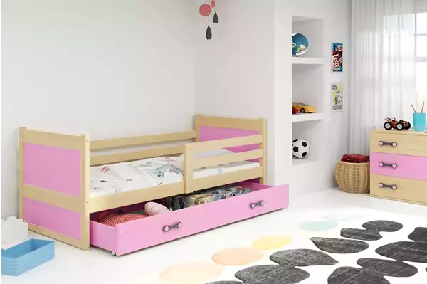 Visualisering av Enkelsäng för ungdom RICO 90X200 med låda, furu/rosa