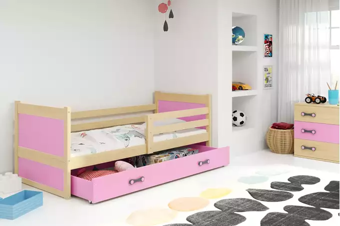 Visualisering av Enkelsäng för ungdom RICO 90X200 med låda, furu/rosa