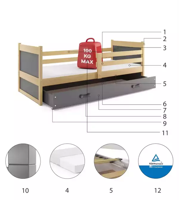 Beståndsdelar för Enkelsäng för ungdom RICO 90X200 med madrass och låda, furu/grafit Beståndsdelar för Enkelsäng för ungdom RICO 90X200 med madrass och låda, furu/grafit