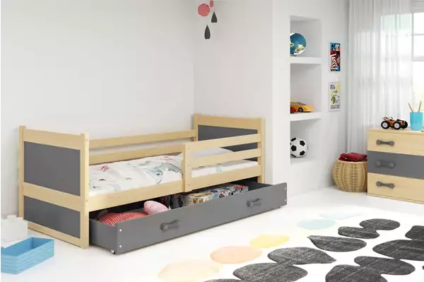 Visualisering av Enkelsäng för ungdom RICO 90X200 med madrass och låda, furu/grafit Visualisering av Enkelsäng för ungdom RICO 90X200 med madrass och låda, furu/grafit