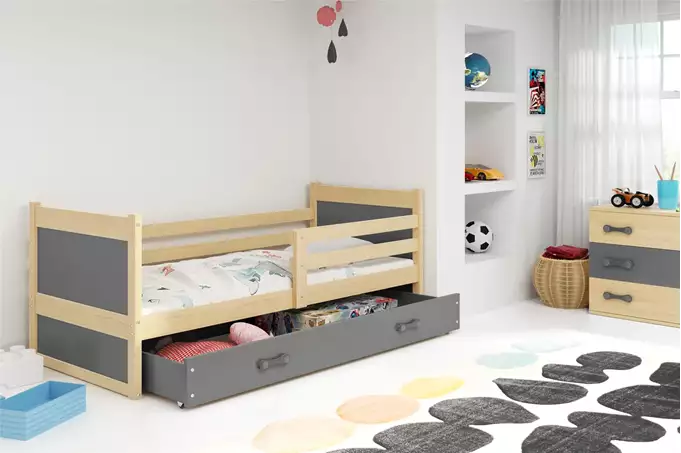 Visualisering av Enkelsäng för ungdom RICO 90X200 med madrass och låda, furu/grafit