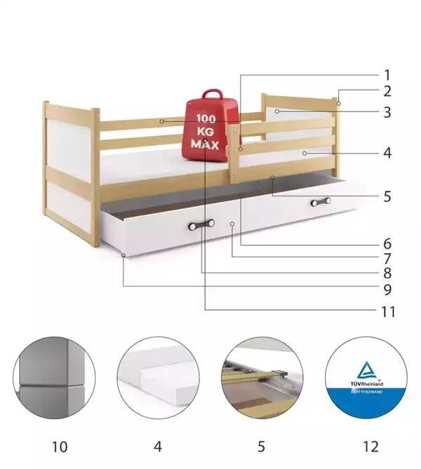 Beståndsdelar för Enkelsäng för ungdom RICO 90X200 med madrass och låda, furu/vit