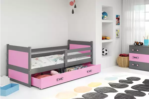 Visualisering av Enkelsäng för ungdom RICO 90X200 med madrass och låda, grafit/rosa