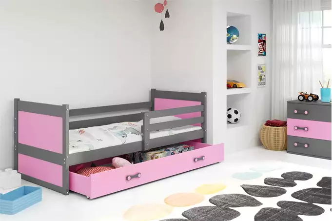 Visualisering av Enkelsäng för ungdom RICO 90X200 med madrass och låda, grafit/rosa