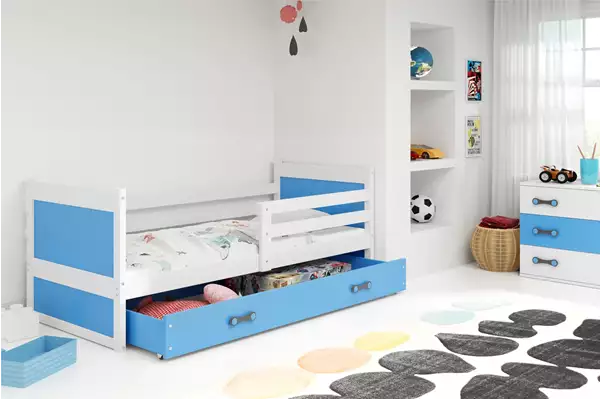 Visualisering av Enkelsäng för ungdom RICO 90X200 med madrass och låda, vit/blå