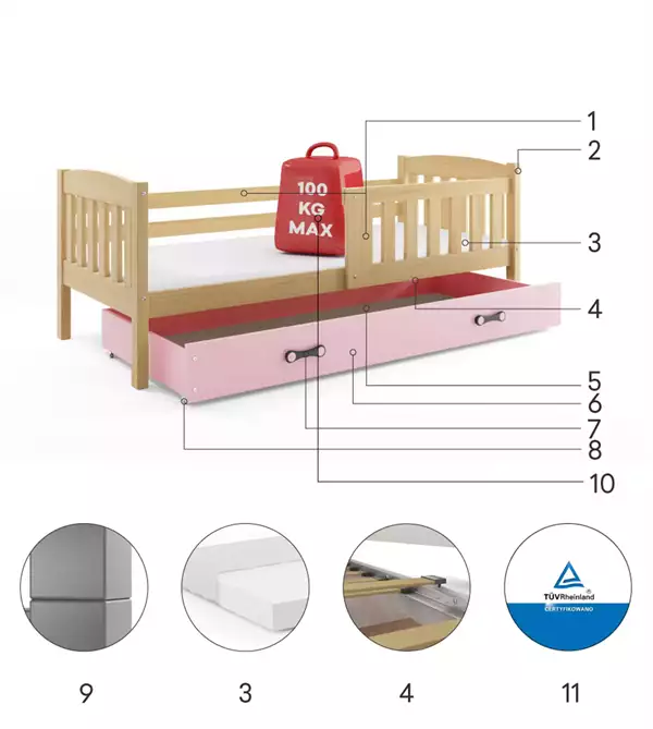 Beståndsdelar för Enkelsäng för ungdomar KUBUŚ 90X190 med låda, furu/rosa Beståndsdelar för Enkelsäng för ungdomar KUBUŚ 90X190 med låda, furu/rosa