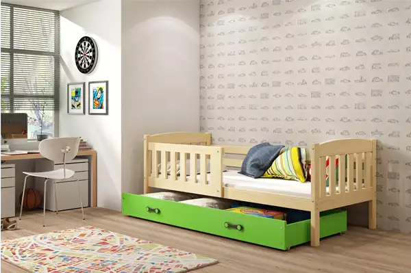 Visualisering av Enkelsäng för ungdomar KUBUŚ 90x200 med madrass och låda, furu/grön Visualisering av Enkelsäng för ungdomar KUBUŚ 90x200 med madrass och låda, furu/grön