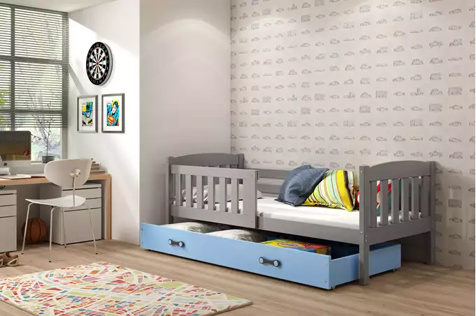 Visualisering av Enkelsäng för ungdomar KUBUŚ 90X200 med madrass och låda, grafit/blå