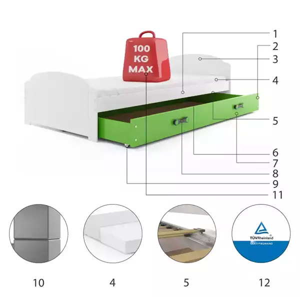 Beståndsdelar för Enkelsäng för ungdomar LILI 90X200 med låda, vit/grön