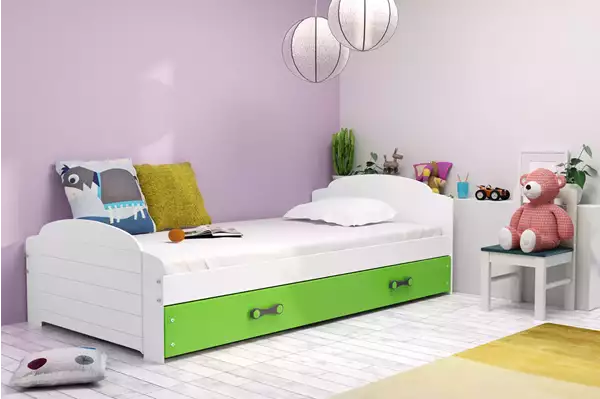 Visualisering av Enkelsäng för ungdomar LILI 90X200 med låda, vit/grön