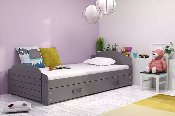 Visualisering av Enkelsäng för ungdomar LILI 90X200 med madrass och låda, grafit