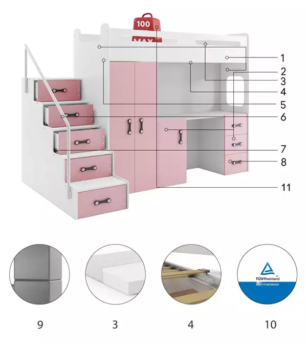 Beståndsdelar för Enkelsäng för ungdomar MAX 4 80X200 med madrass och skrivbord, rosa Beståndsdelar för Enkelsäng för ungdomar MAX 4 80X200 med madrass och skrivbord, rosa