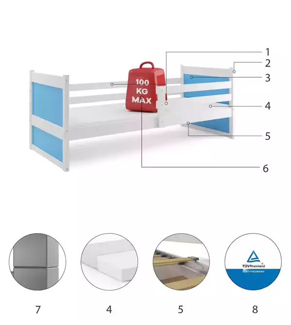 Beståndsdelar för Enkelsäng för ungdomar RICO 90X190, vit/blå Beståndsdelar för Enkelsäng för ungdomar RICO 90X190, vit/blå