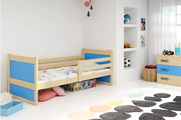 Visualisering av Enkelsäng för ungdomar RICO 90X200, furu/blå