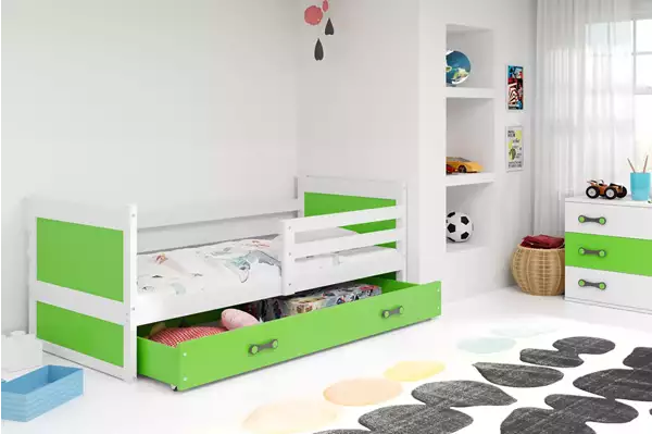 Visualisering av Enkelsäng för ungdomar RICO 90X200 med låda, vit/grön