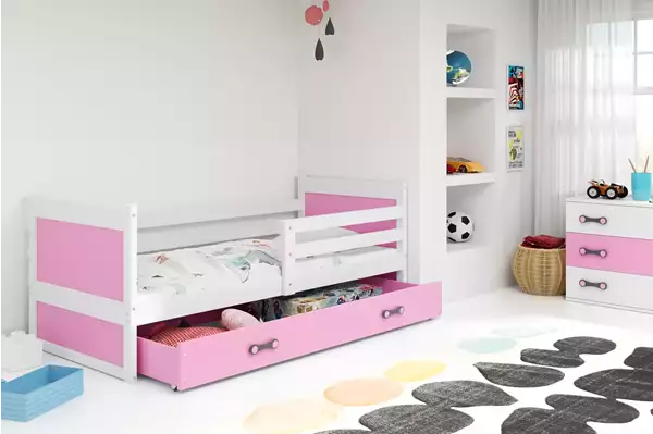 Visualisering av Enkelsäng för ungdomar RICO 90X200 med låda, vit/rosa Visualisering av Enkelsäng för ungdomar RICO 90X200 med låda, vit/rosa