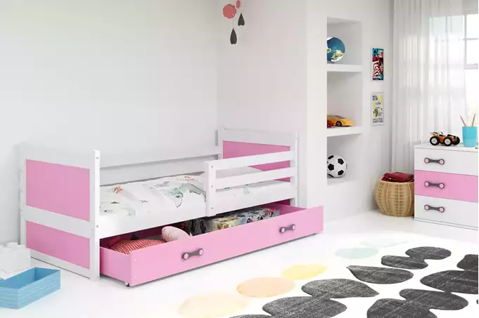 Visualisering av Enkelsäng för ungdomar RICO 90X200 med låda, vit/rosa
