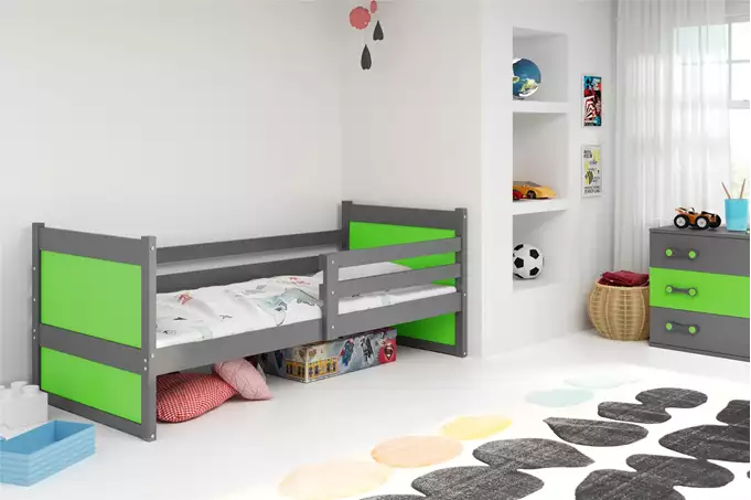 Visualisering av Enkelsäng för ungdomar RICO 90X200 med madrass, grafit/grön