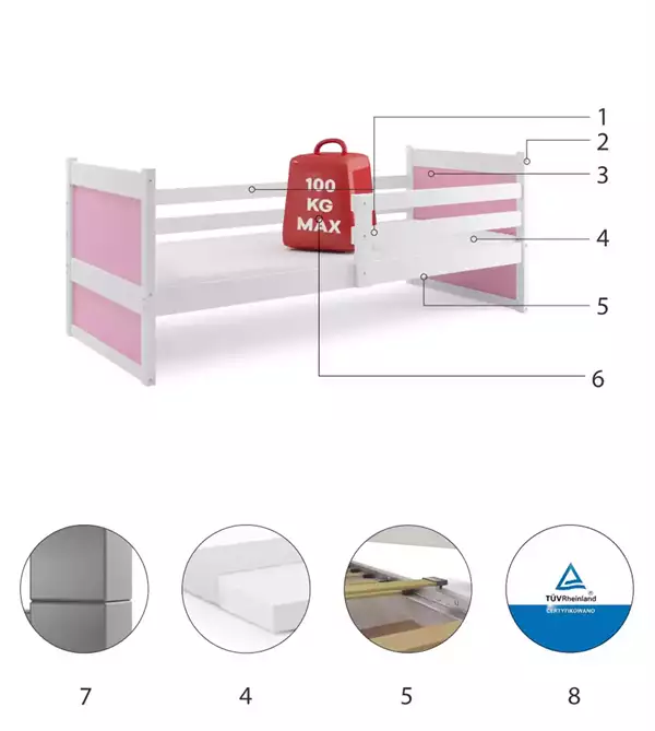 Beståndsdelar för Enkelsäng för ungdomar RICO 90X200, vit/rosa Beståndsdelar för Enkelsäng för ungdomar RICO 90X200, vit/rosa
