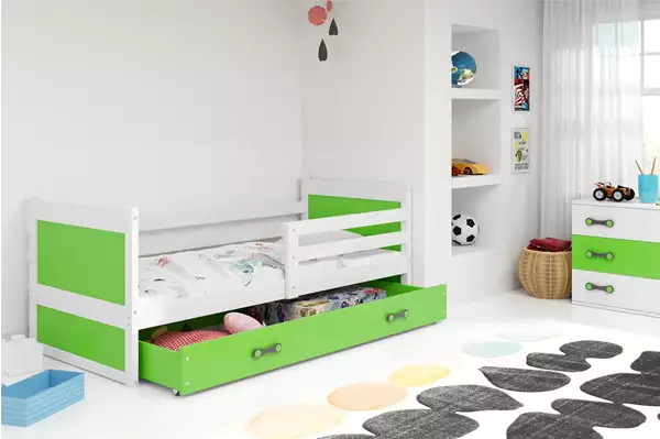 Visualisering av Enkelsäng RICO för ungdomar 90x190 med madrass och låda, vit/grön