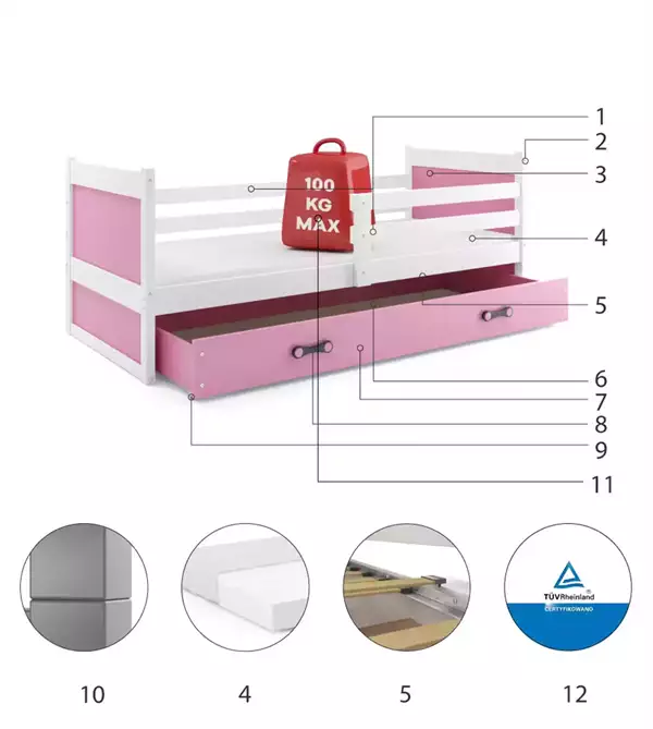 Beståndsdelar för Enkelt ungdomssäng RICO 90x200 med madrass och låda, vit/rosa Beståndsdelar för Enkelt ungdomssäng RICO 90x200 med madrass och låda, vit/rosa