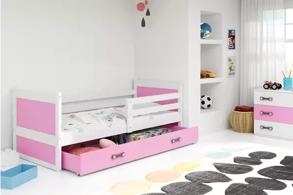 Visualisering av Enkelt ungdomssäng RICO 90x200 med madrass och låda, vit/rosa Visualisering av Enkelt ungdomssäng RICO 90x200 med madrass och låda, vit/rosa
