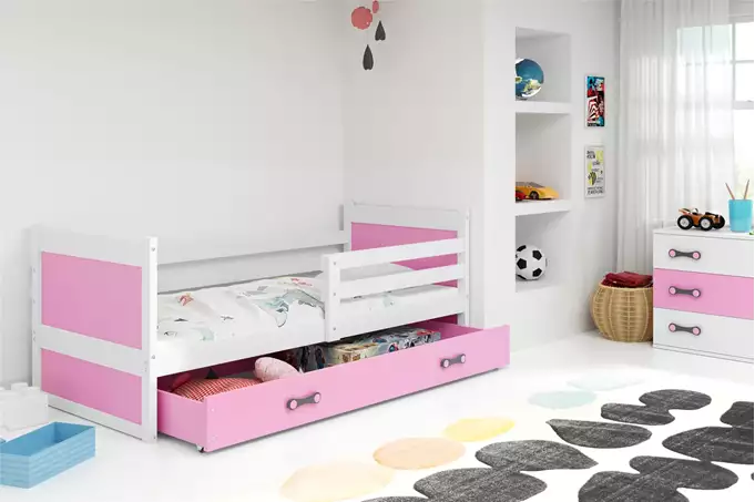Visualisering av Enkelt ungdomssäng RICO 90x200 med madrass och låda, vit/rosa