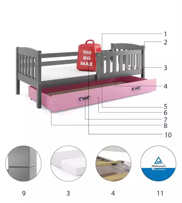 Beståndsdelar för Enkelungdomssäng KUBUŚ 90X200 med madrass och låda, grafit/rosa Beståndsdelar för Enkelungdomssäng KUBUŚ 90X200 med madrass och låda, grafit/rosa