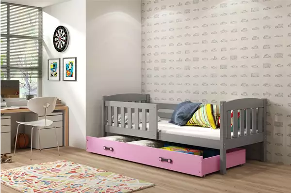 Visualisering av Enkelungdomssäng KUBUŚ 90X200 med madrass och låda, grafit/rosa Visualisering av Enkelungdomssäng KUBUŚ 90X200 med madrass och låda, grafit/rosa