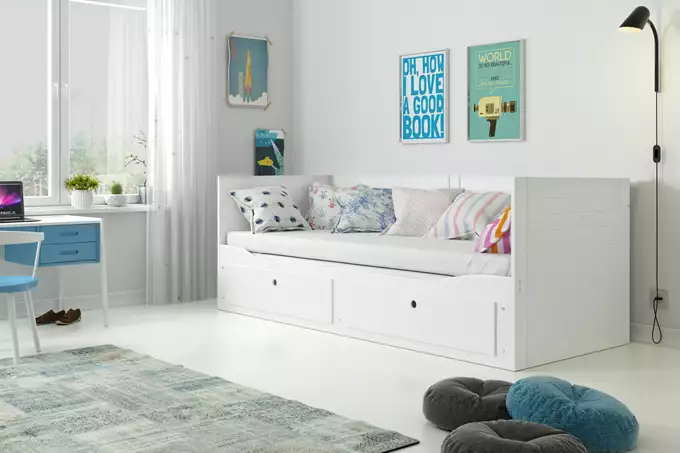 Visualisering av HERMES 80X200 utdragbar dubbelsäng för ungdomar med madrass och låda, vit