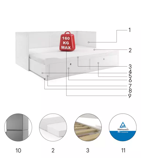 Beståndsdelar för HERMES utdragbar dubbelsäng för ungdomar 80X200 med låda, vit
