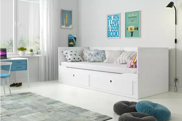 Visualisering av HERMES utdragbar dubbelsäng för ungdomar 80X200 med låda, vit