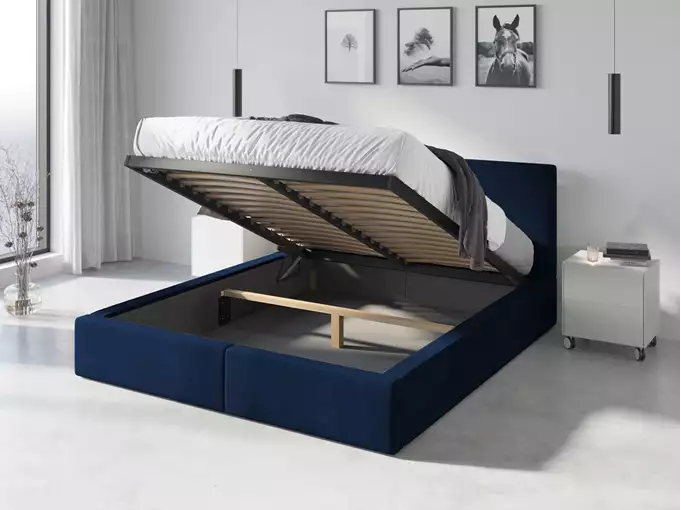 Visualisering av HILTON 140X200 klädd säng med förvaring, blå