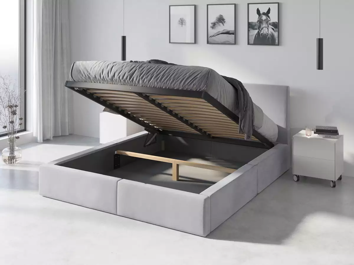 Visualisering av Hilton 160x200 sängklädd säng med madrass och förvaring, grå