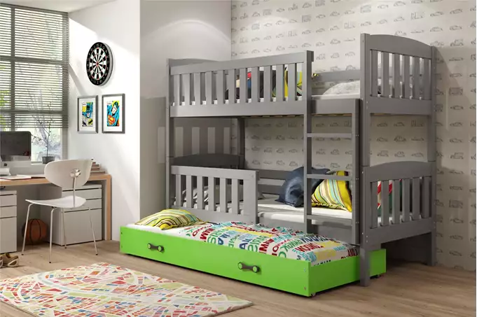 Visualisering av Juniorsäng för tre personer KUBUŚ 90X190 med madrass och låda, grafit/grön