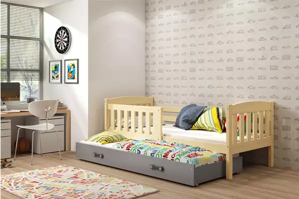 Visualisering av Juniorsäng med utskjutbar säng KUBUŚ 90X200 med madrass och låda, furu/grafit