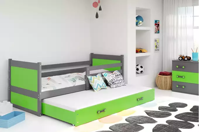 Visualisering av Juniorsäng utdragbar RICO 90X200 med låda, grafit/grön