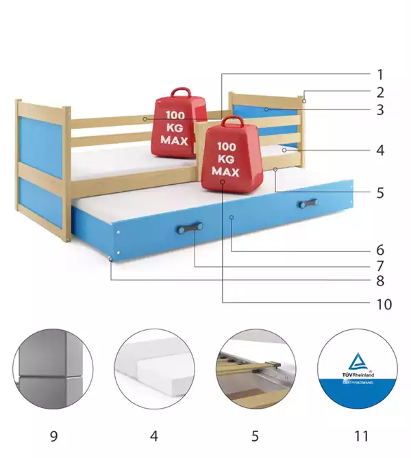 Beståndsdelar för Juniorsäng utdragbar RICO 90x200 med madrass och låda, furu/blå