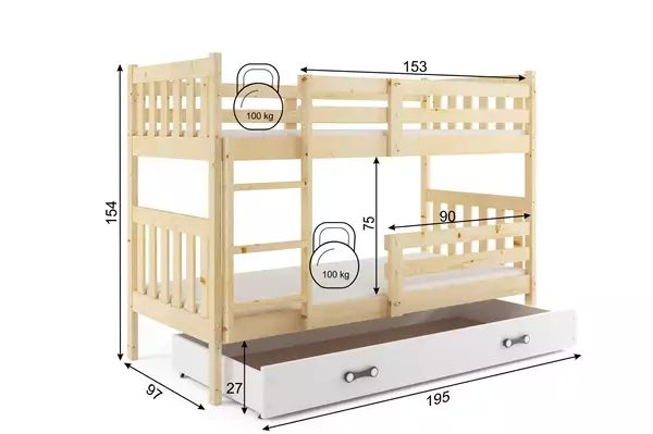 Kacper 90x190 Våningssäng För Ungdomar Med Låda, Furu Rozmiar Kacper 90x190 Våningssäng För Ungdomar Med Låda, Furu Rozmiar