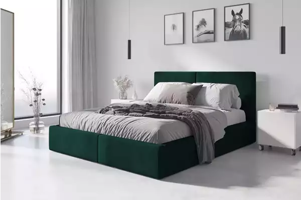 Visualisering av Klädd säng HILTON 140X200 med förvaring, grön