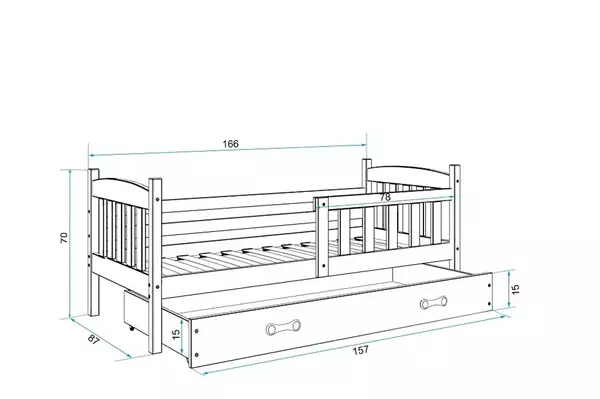 Storlek på KUBUŚ Enkelsäng för barn 80X160 med låda, furu/vit Storlek på KUBUŚ Enkelsäng för barn 80X160 med låda, furu/vit