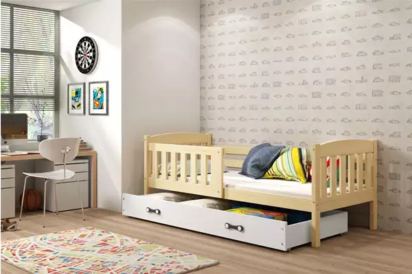 Visualisering av KUBUŚ Enkelsäng för barn 80X160 med låda, furu/vit Visualisering av KUBUŚ Enkelsäng för barn 80X160 med låda, furu/vit