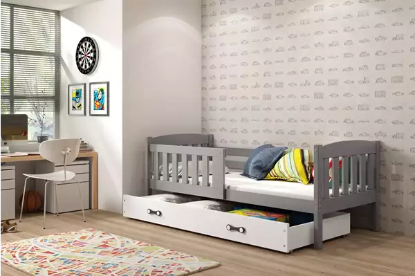 Visualisering av KUBUŚ Enkelsäng för barn 80X160 med madrass och låda, grafit/vit Visualisering av KUBUŚ Enkelsäng för barn 80X160 med madrass och låda, grafit/vit