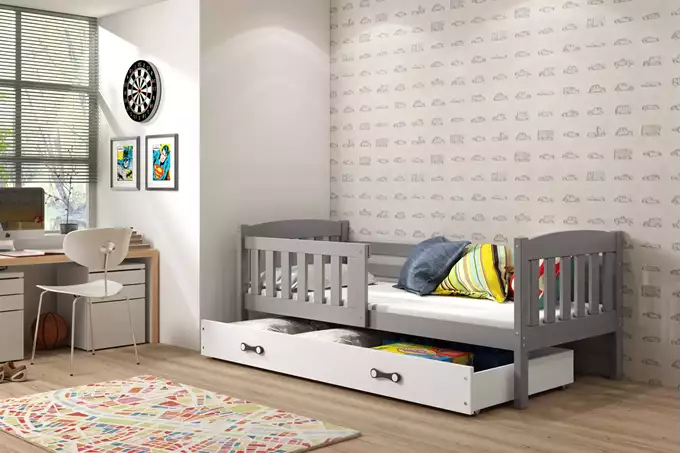 Visualisering av KUBUŚ Enkelsäng för barn 80X160 med madrass och låda, grafit/vit
