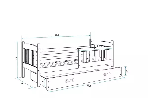 Storlek på KUBUŚ Enkelsäng för ungdomar 90X190 med låda, vit/grön Storlek på KUBUŚ Enkelsäng för ungdomar 90X190 med låda, vit/grön