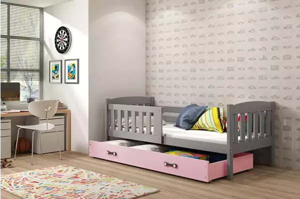 Visualisering av KUBUŚ enkelsäng för ungdomar 90X190 med madrass och låda, grafit/rosa