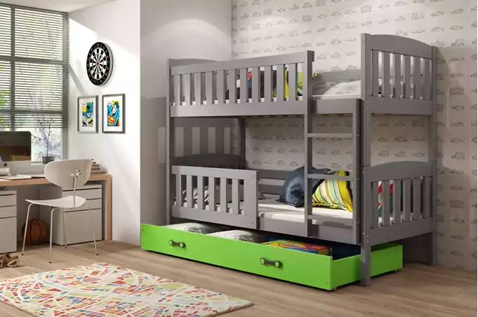 Visualisering av KUBUŚ loft säng för ungdomar 90X190 med låda, grafit/grön