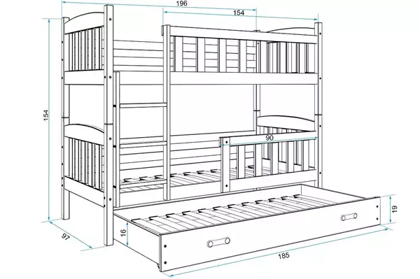 Storlek på KUBUŚ Tre-säng för ungdomar 90X190 med låda, furu/grafit